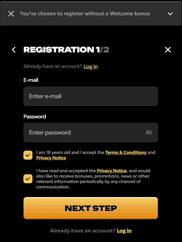 Signup form in Spinsy Casino